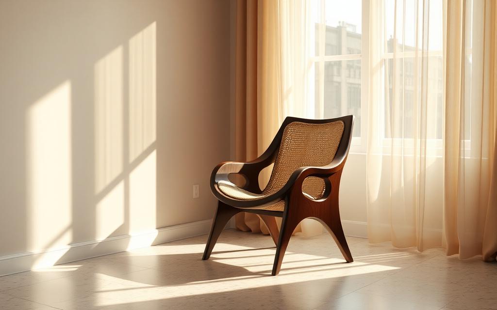 Sculpted walnut accent chair with woven seat beside a window
