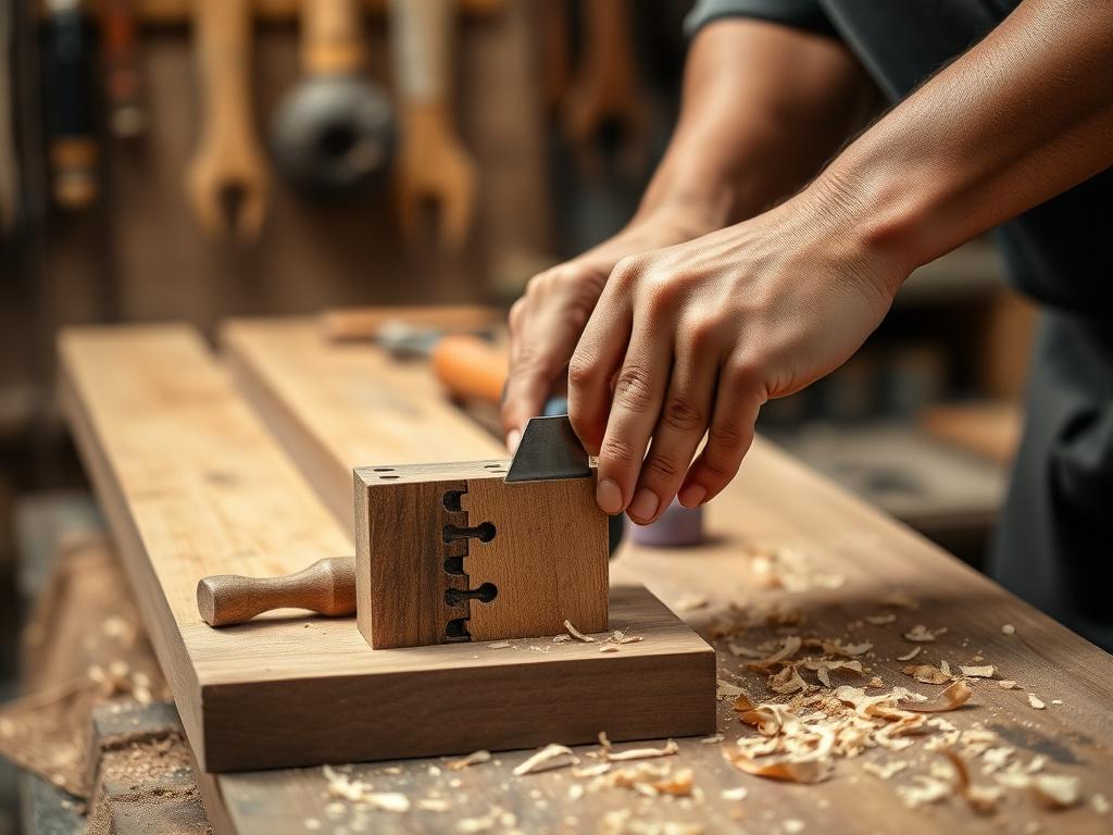 Craftsman cutting dovetail joints at a workbench in the Auditgear workshop