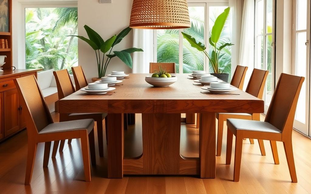 Solid teak dining table with breadboard ends in a bright dining room