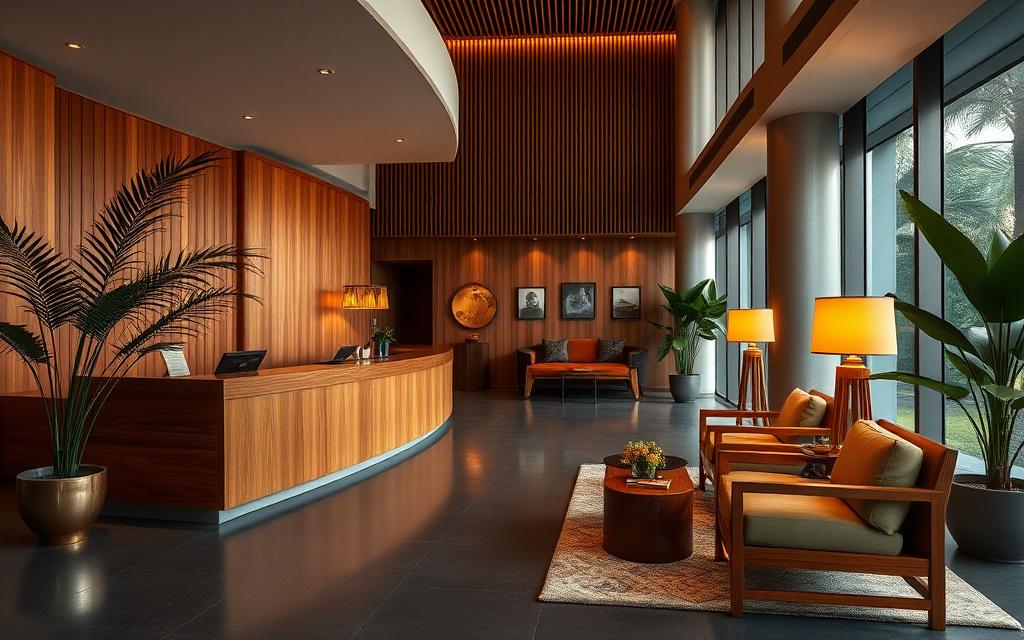 Boutique hotel lobby fitted with custom timber reception desk and lounge seating