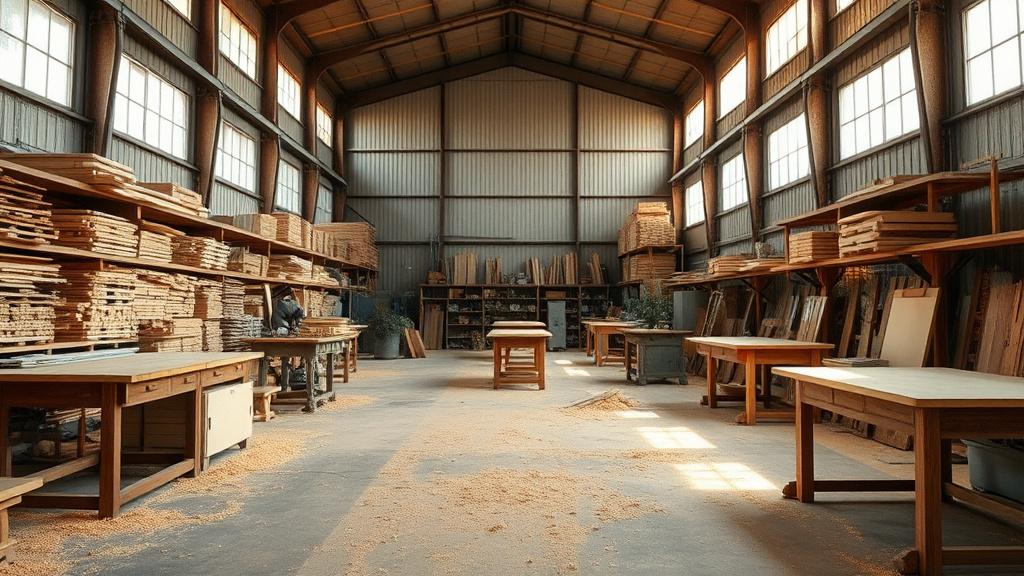 Wide view of the Balakong workshop floor with benches and timber racks