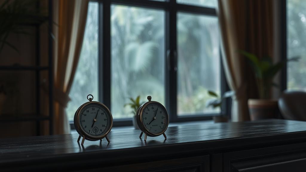Hygrometer on a wooden sideboard in a tropical living room