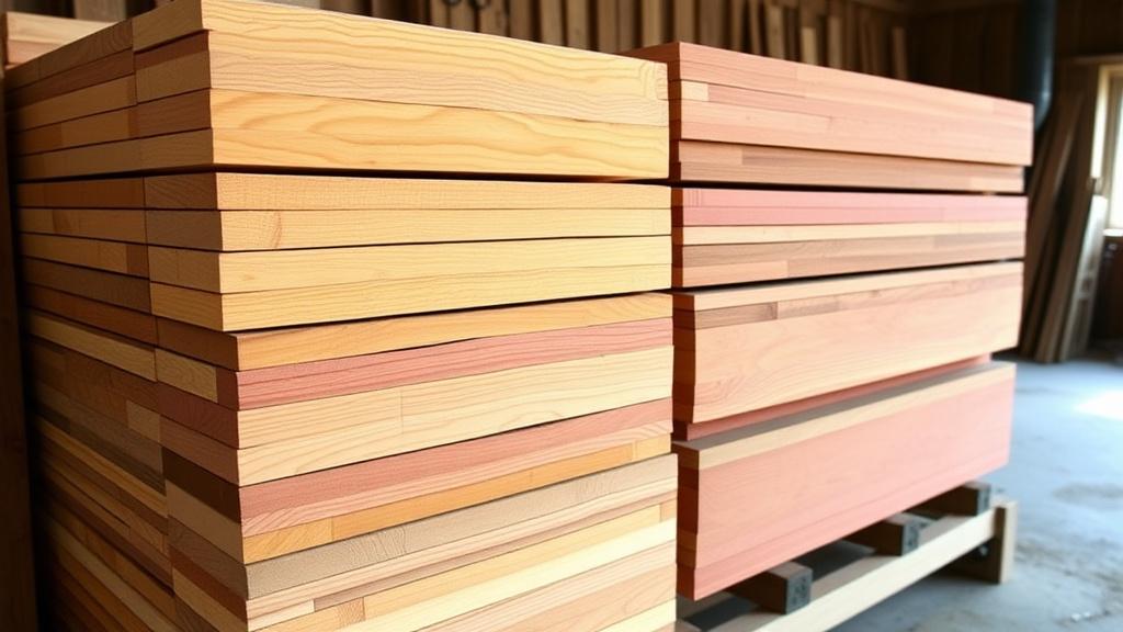 Stacked teak and nyatoh boards showing grain differences