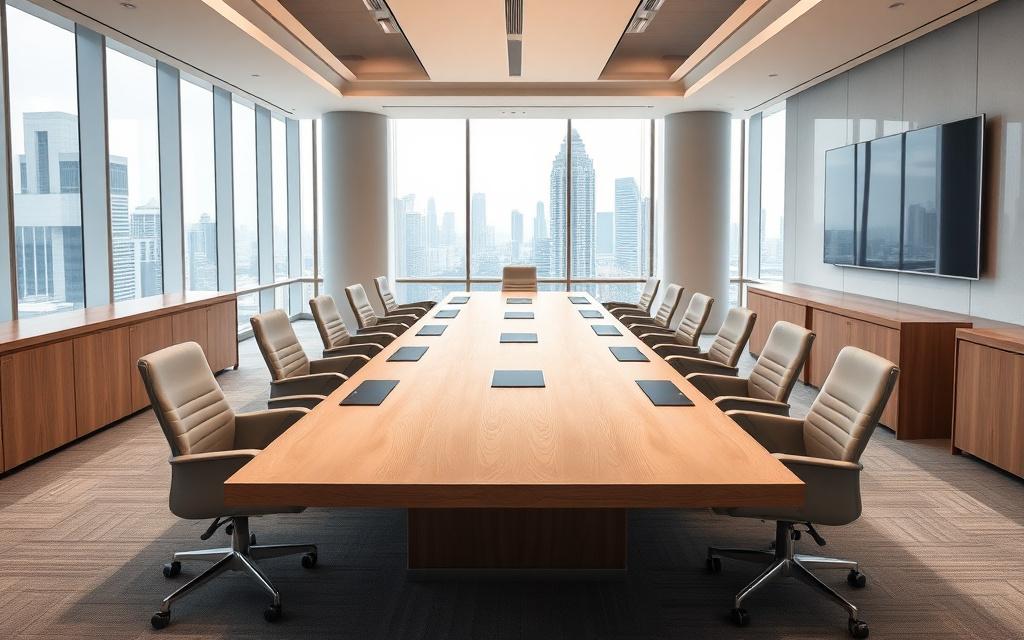 Custom oak boardroom table and credenzas in a Putrajaya office