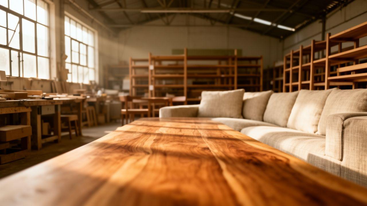 Sunlit furniture workshop showroom with a solid teak dining table and tailored linen sofa