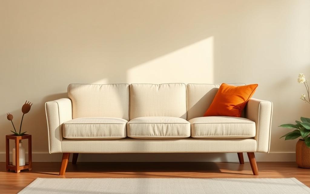 Tailored three-seat sofa in oatmeal linen with solid wood legs