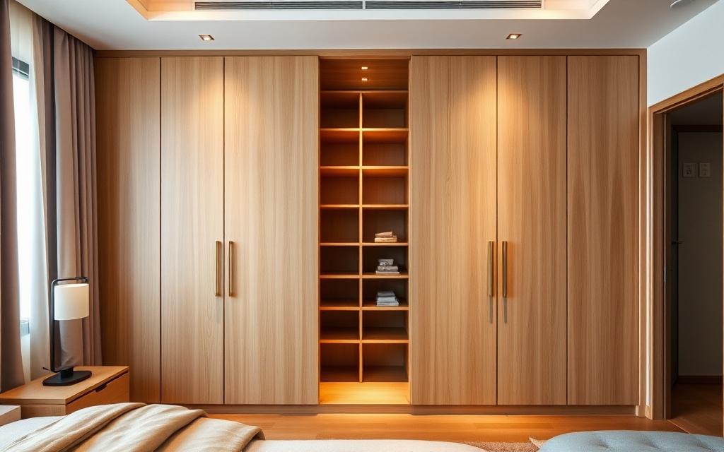 Floor-to-ceiling built-in oak wardrobe with brass handles in a bedroom
